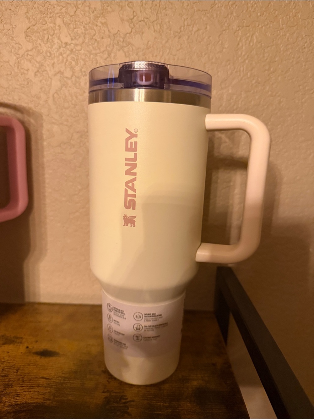 Stanley 40 oz Flip/Top Cream Travel Mug with Pink Logo and Handle comes with box